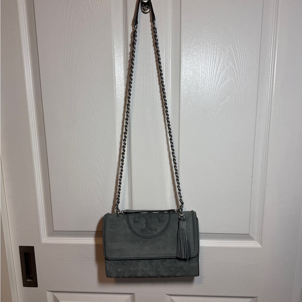 Tory Burch Blue Clay Suede Large Convertible Fleming Shoulder Bag with Tassel - Picture 3 of 9